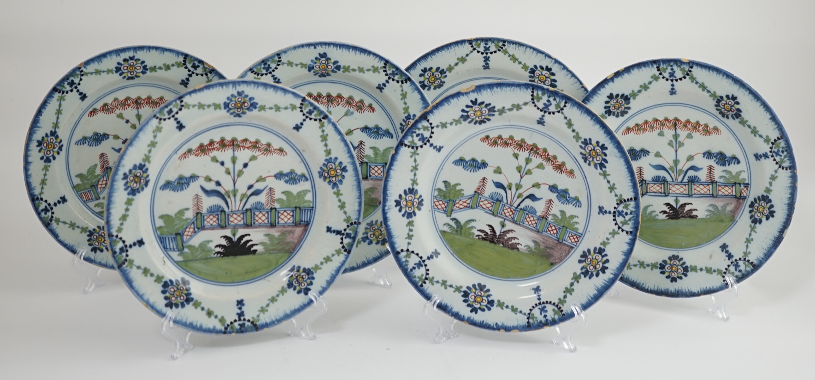 A set of six London delftware polychrome plates, late 18th century